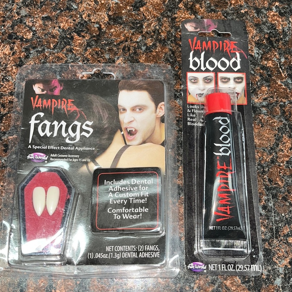 Vampire fangs and blood and fake teeth adhesive